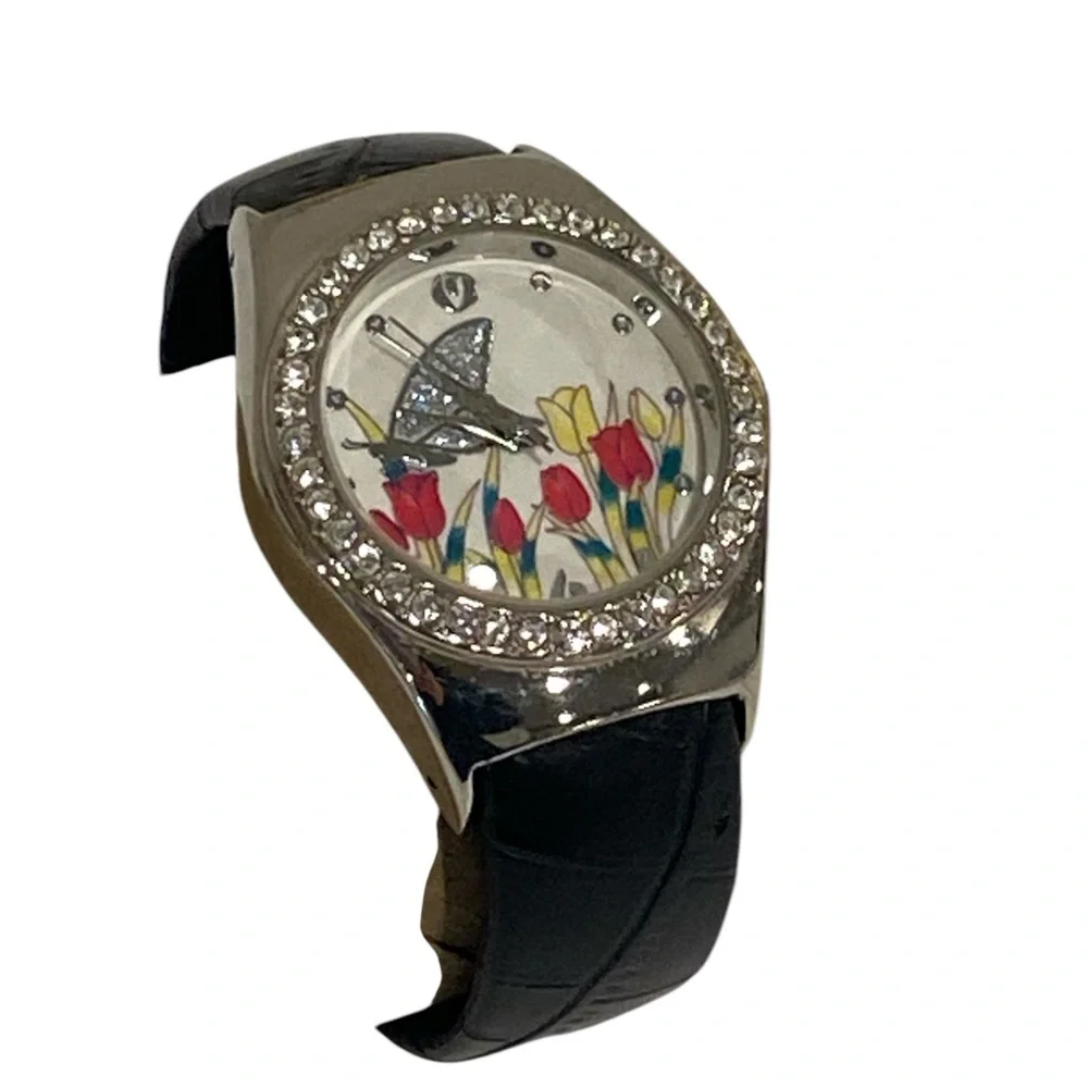 Butterfly Tulips Rhinestone Leather Band Cuff Watch - NEEDS BATTERY